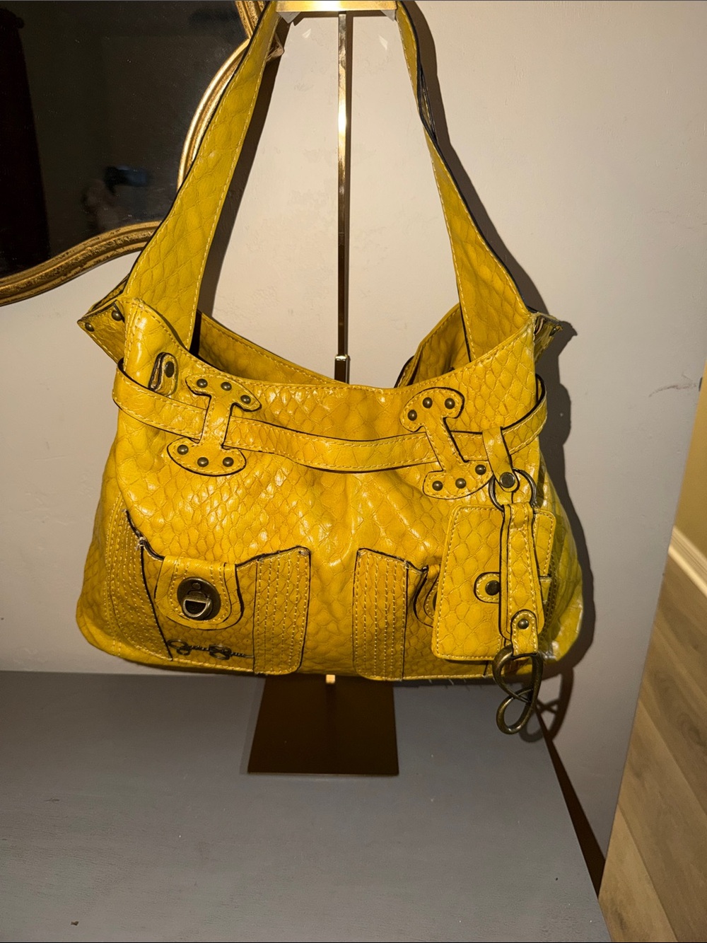 Jessica Simpson Mustard Yellow Quilted Shoulder Bag with Buckle Accents